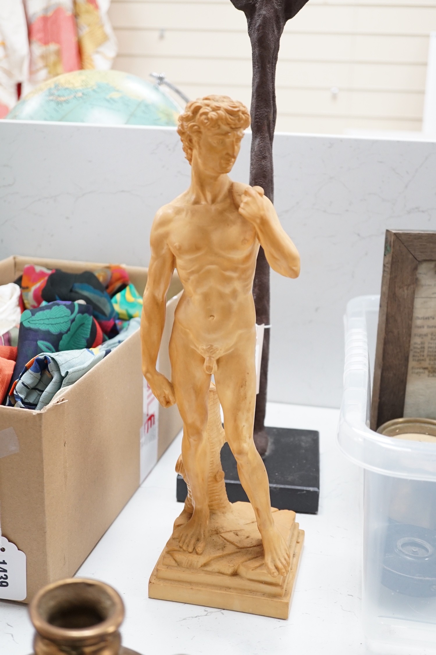 After Michelangelo - David, signed Ruggeri, a cast metal monopodia, bronze ewer and pressed glass carafe, tallest 83cms high